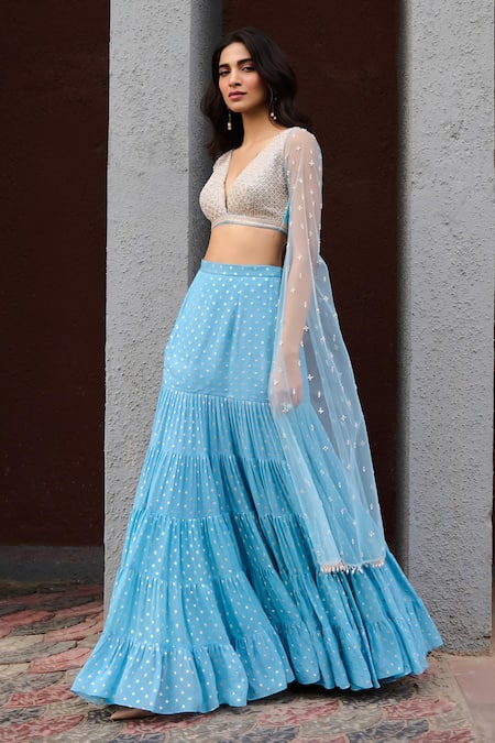 Shop Chamee And Palak Blue Georgette, Net, Silk Beads, Pearls Abha Fit And Flare Tiered Lehenga Set Online at Aza Fashions Shop_Chamee And Palak_Blue Georgette, Net, Silk Beads, Pearls Abha Fit And Flare Tiered Lehenga Set _Online_at_Aza_Fashions