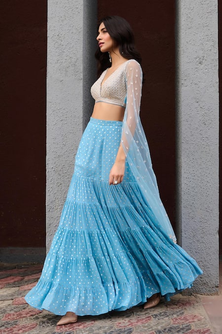 Chamee And Palak Blue Georgette, Net, Silk Beads, Pearls Abha Fit And Flare Tiered Lehenga Set at Aza Fashions Chamee And Palak_Blue Georgette, Net, Silk Beads, Pearls Abha Fit And Flare Tiered Lehenga Set _at_Aza_Fashions