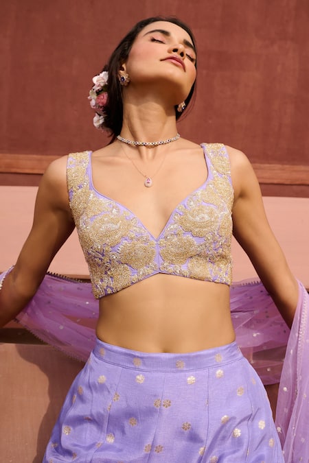 Buy Chamee And Palak Purple Silk, Net Beads Zara Floral Woven Gusset Lehenga Set Buy_Chamee And Palak_Purple Silk, Net Beads Zara Floral Woven Gusset Lehenga Set