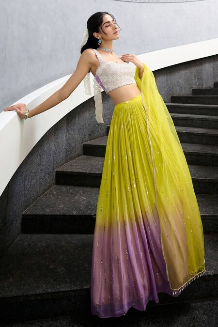 Shop Chamee And Palak Purple Silk, Net, Georgette, Tulle Pearls, Elaya Embroidered Lehenga Set Online at Aza Fashions Shop_Chamee And Palak_Purple Silk, Net, Georgette, Tulle Pearls, Elaya Embroidered Lehenga Set _Online_at_Aza_Fashions