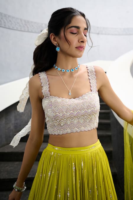 Chamee And Palak Purple Silk, Net, Georgette, Tulle Pearls, Elaya Embroidered Lehenga Set at Aza Fashions Chamee And Palak_Purple Silk, Net, Georgette, Tulle Pearls, Elaya Embroidered Lehenga Set _at_Aza_Fashions