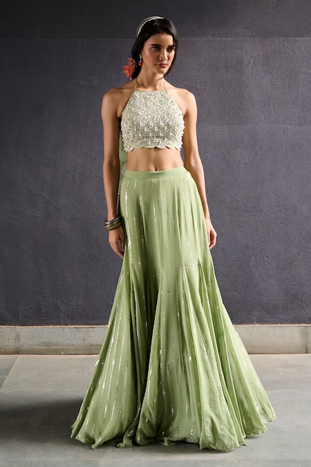 Chamee and Palak Green Georgette Embroidered Sequin Halter Jasmine Gusset Lehenga Set 