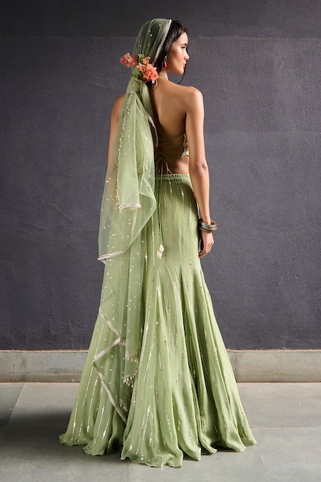 Chamee And Palak Green Georgette, Net, Silk Pearls, Jasmine Embroidered Gusset Lehenga Set Online at Aza Fashions Chamee And Palak_Green Georgette, Net, Silk Pearls, Jasmine Embroidered Gusset Lehenga Set _Online_at_Aza_Fashions