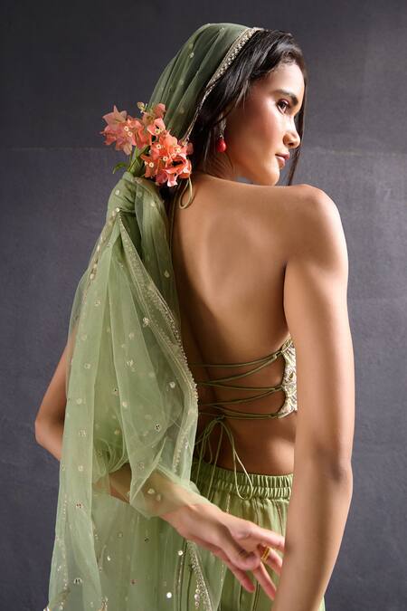 Buy Chamee And Palak Green Georgette, Net, Silk Pearls, Jasmine Embroidered Gusset Lehenga Set Online at Aza Fashions Buy_Chamee And Palak_Green Georgette, Net, Silk Pearls, Jasmine Embroidered Gusset Lehenga Set _Online_at_Aza_Fashions