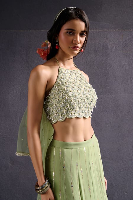 Chamee And Palak Green Georgette, Net, Silk Pearls, Jasmine Embroidered Gusset Lehenga Set at Aza Fashions Chamee And Palak_Green Georgette, Net, Silk Pearls, Jasmine Embroidered Gusset Lehenga Set _at_Aza_Fashions