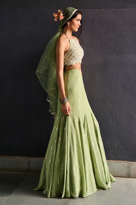 Buy Chamee And Palak Green Georgette, Net, Silk Pearls, Jasmine Embroidered Gusset Lehenga Set Buy_Chamee And Palak_Green Georgette, Net, Silk Pearls, Jasmine Embroidered Gusset Lehenga Set