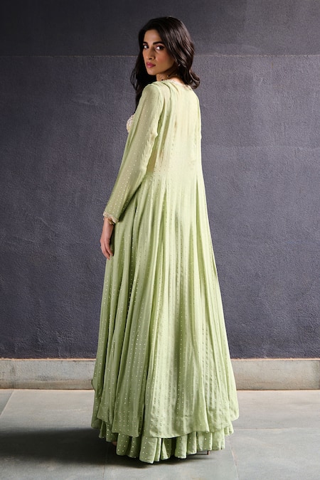 Shop_Chamee And Palak_Green Silk, Georgette Pearls, Sequins, Beads Mysa Embroidered Sharara Jacket Set _at_Aza_Fashions