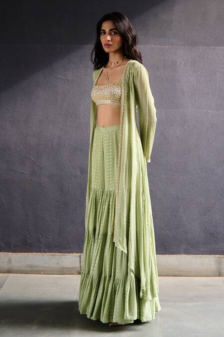 Chamee And Palak_Green Silk, Georgette Pearls, Sequins, Beads Mysa Embroidered Sharara Jacket Set _at_Aza_Fashions