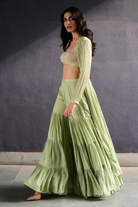 Buy_Chamee And Palak_Green Silk, Georgette Pearls, Sequins, Beads Mysa Embroidered Sharara Jacket Set 
