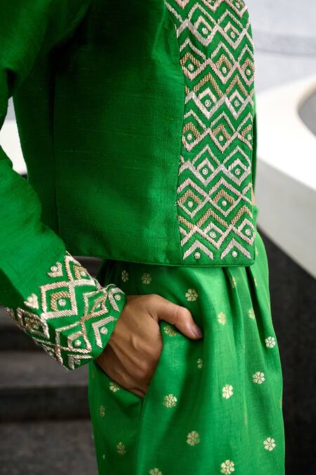 Buy Chamee And Palak Green Silk, Jacquard, Jersey Beads Remy Glass Embellished Jacket With Pant Set Online at Aza Fashions Buy_Chamee And Palak_Green Silk, Jacquard, Jersey Beads Remy Glass Embellished Jacket With Pant Set _Online_at_Aza_Fashions