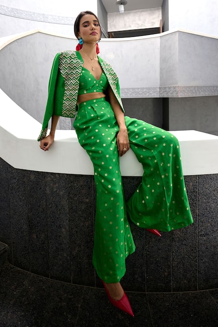 Chamee And Palak Green Silk, Jacquard, Jersey Beads Remy Glass Embellished Jacket With Pant Set at Aza Fashions Chamee And Palak_Green Silk, Jacquard, Jersey Beads Remy Glass Embellished Jacket With Pant Set _at_Aza_Fashions