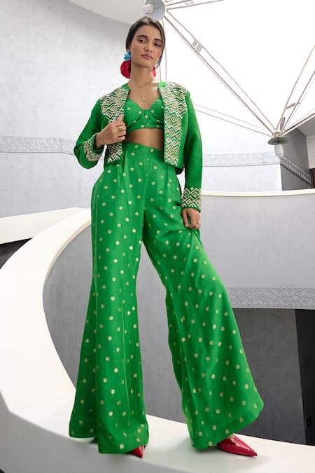 Buy Chamee And Palak Green Silk, Jacquard, Jersey Beads Remy Glass Embellished Jacket With Pant Set Buy_Chamee And Palak_Green Silk, Jacquard, Jersey Beads Remy Glass Embellished Jacket With Pant Set