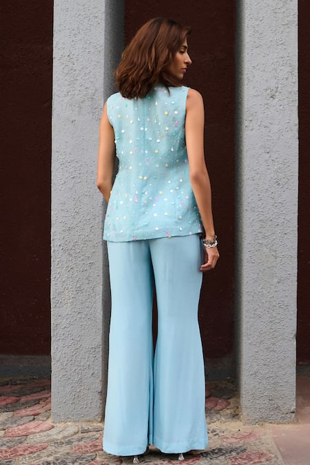 Chamee And Palak Blue Organza, Silk, Crepe Sequins, Sanvi Embellished Jacket With Flared Pant Set Online at Aza Fashions Chamee And Palak_Blue Organza, Silk, Crepe Sequins, Sanvi Embellished Jacket With Flared Pant Set _Online_at_Aza_Fashions