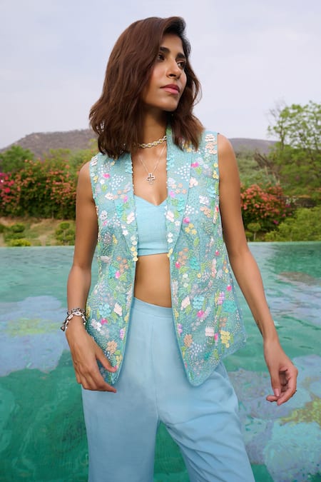 Buy Chamee And Palak Blue Organza, Silk, Crepe Sequins, Sanvi Embellished Jacket With Flared Pant Set Buy_Chamee And Palak_Blue Organza, Silk, Crepe Sequins, Sanvi Embellished Jacket With Flared Pant Set