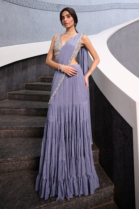 Chamee And Palak_Grey Georgette, Silk Pearls Plunge Neck Thea Tiered Lehenga Saree With Blouse _Online_at_Aza_Fashions