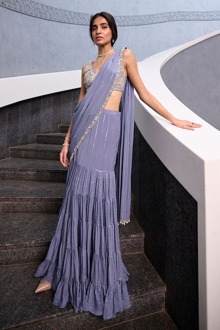 Shop_Chamee And Palak_Grey Georgette, Silk Pearls Plunge Neck Thea Tiered Lehenga Saree With Blouse _Online_at_Aza_Fashions