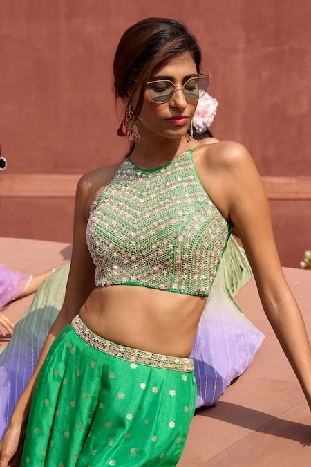 Buy Chamee And Palak Green Silk, Net Embroidery Halter Neck Mila Embellished Blouse With Palazzo Online at Aza Fashions Buy_Chamee And Palak_Green Silk, Net Embroidery Halter Neck Mila Embellished Blouse With Palazzo _Online_at_Aza_Fashions