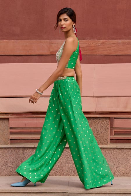 Shop Chamee And Palak Green Silk, Net Embroidery Halter Neck Mila Embellished Blouse With Palazzo Online at Aza Fashions Shop_Chamee And Palak_Green Silk, Net Embroidery Halter Neck Mila Embellished Blouse With Palazzo _Online_at_Aza_Fashions