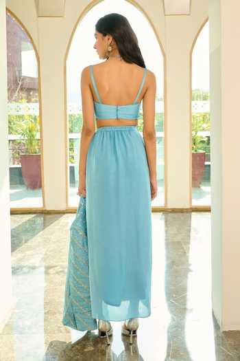 Buy_Chamee & Palak_Blue Crepe, Silk, Jacquard Embroidery Plunge Lena Collared Jacket With Skirt Set