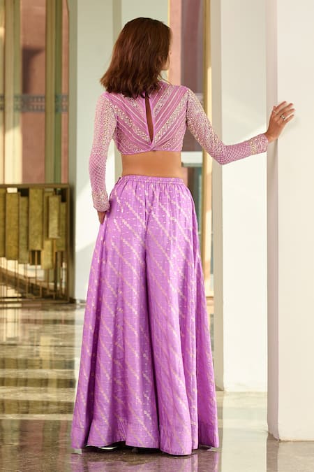 Chamee And Palak Purple Net, Jacquard, Silk Embroidery High Neck Reis Blouse With Palazzo Online at Aza Fashions Chamee And Palak_Purple Net, Jacquard, Silk Embroidery High Neck Reis Blouse With Palazzo _Online_at_Aza_Fashions
