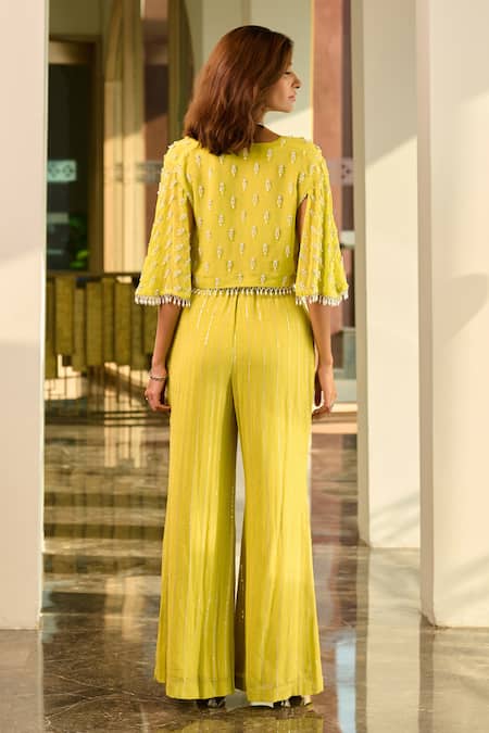 Shop Chamee And Palak Green Silk, Georgette Beads Sweetheart Neck Lucy Embellished Cape With Pant Set at Aza Fashions Shop_Chamee And Palak_Green Silk, Georgette Beads Sweetheart Neck Lucy Embellished Cape With Pant Set _at_Aza_Fashions