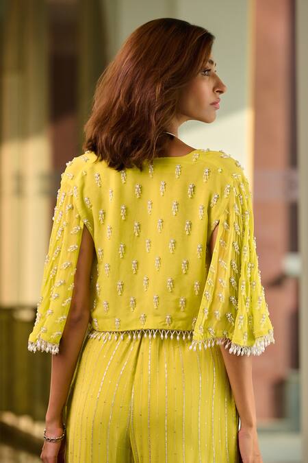 Buy Chamee And Palak Green Silk, Georgette Beads Sweetheart Neck Lucy Embellished Cape With Pant Set Online at Aza Fashions Buy_Chamee And Palak_Green Silk, Georgette Beads Sweetheart Neck Lucy Embellished Cape With Pant Set _Online_at_Aza_Fashions