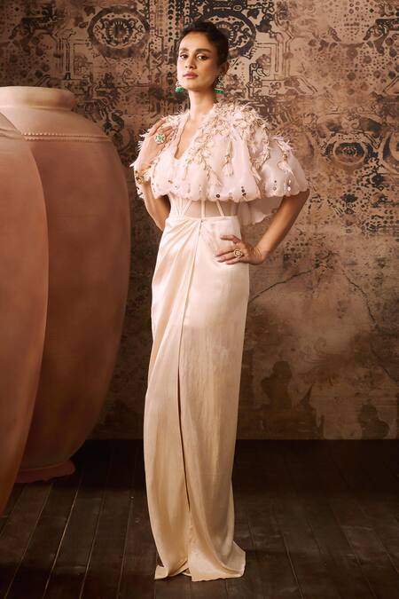 Buy Masumi Mewawalla Peach Organza Sequins, Beads, Applique Corset Gown With Hand Embroidered Cape Online at Aza Fashions Buy_Masumi Mewawalla_Peach Organza Sequins, Beads, Applique Corset Gown With Hand Embroidered Cape _Online_at_Aza_Fashions