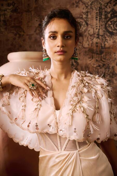 Shop Masumi Mewawalla Peach Organza Sequins, Beads, Applique Corset Gown With Hand Embroidered Cape Online at Aza Fashions Shop_Masumi Mewawalla_Peach Organza Sequins, Beads, Applique Corset Gown With Hand Embroidered Cape _Online_at_Aza_Fashions