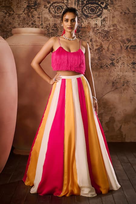 Buy_Masumi Mewawalla_Multi Color Satin, Organza Zari Scoop Neck Block Panelled Lehenga With Blouse _Online_at_Aza_Fashions