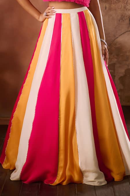 Shop_Masumi Mewawalla_Multi Color Satin, Organza Zari Scoop Neck Block Panelled Lehenga With Blouse _Online_at_Aza_Fashions