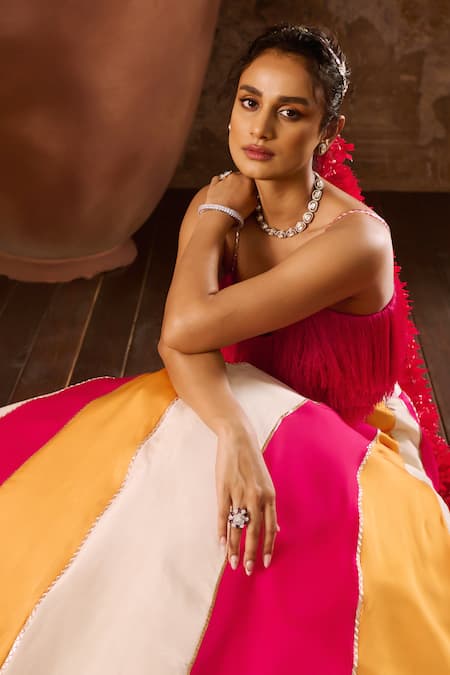 Masumi Mewawalla_Multi Color Satin, Organza Zari Scoop Neck Block Panelled Lehenga With Blouse _at_Aza_Fashions