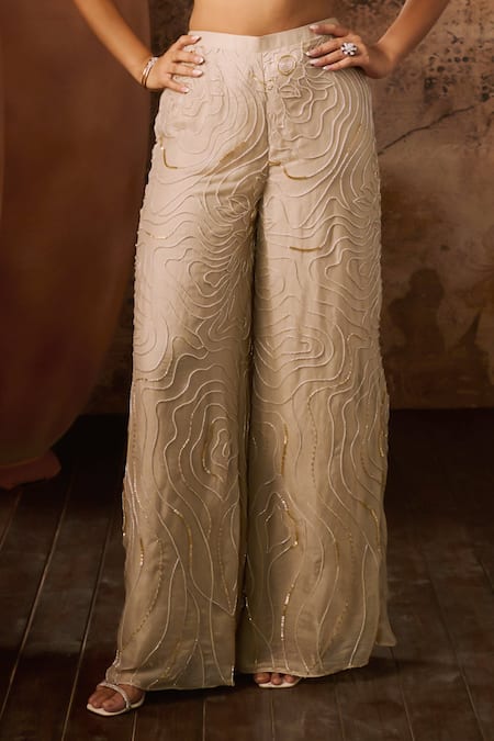 Masumi Mewawalla_Beige Silk, Linen Beads, Cut Work Cowl Neck Hand Embroidered Top With Pant _Online_at_Aza_Fashions