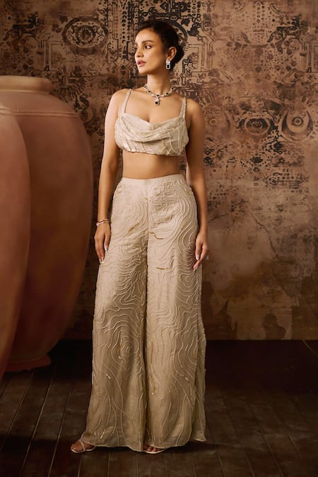 Buy_Masumi Mewawalla_Beige Silk, Linen Beads, Cut Work Cowl Neck Hand Embroidered Top With Pant _Online_at_Aza_Fashions