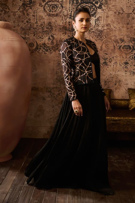 Masumi Mewawalla_Black Satin, Organza, Linen, Silk Beads, Cut Hand Embroidered Jacket Palazzo Set _Online_at_Aza_Fashions