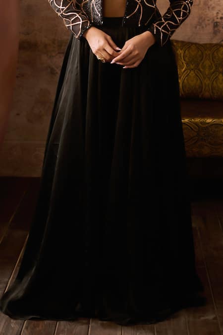 Shop_Masumi Mewawalla_Black Satin, Organza, Linen, Silk Beads, Cut Hand Embroidered Jacket Palazzo Set _Online_at_Aza_Fashions