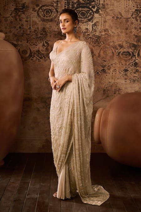 Buy_Masumi Mewawalla_Beige Silk, Linen Cut Work, Beads Plunge Neck Hand Embroidered Saree With Blouse _Online_at_Aza_Fashions