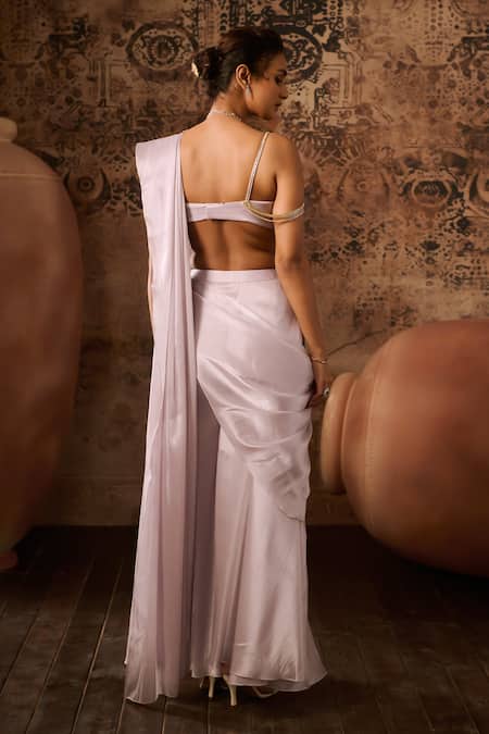 Shop Masumi Mewawalla Silver Organza, Silk Pre-draped Palazzo Saree With Hand Embroidered Blouse at Aza Fashions Shop_Masumi Mewawalla_Silver Organza, Silk Pre-draped Palazzo Saree With Hand Embroidered Blouse _at_Aza_Fashions