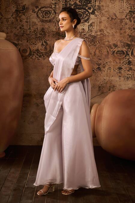 Buy Masumi Mewawalla Silver Organza, Silk Pre-draped Palazzo Saree With Hand Embroidered Blouse Online at Aza Fashions Buy_Masumi Mewawalla_Silver Organza, Silk Pre-draped Palazzo Saree With Hand Embroidered Blouse _Online_at_Aza_Fashions