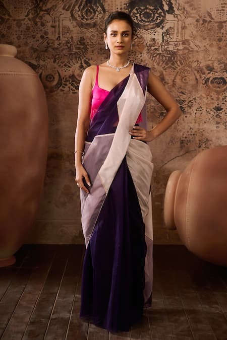 Buy_Masumi Mewawalla_Multi Color Organza Zari Plunge Neck Two Tone Saree With Contrast Blouse _Online_at_Aza_Fashions