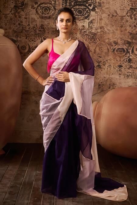 Shop_Masumi Mewawalla_Multi Color Organza Zari Plunge Neck Two Tone Saree With Contrast Blouse _Online_at_Aza_Fashions