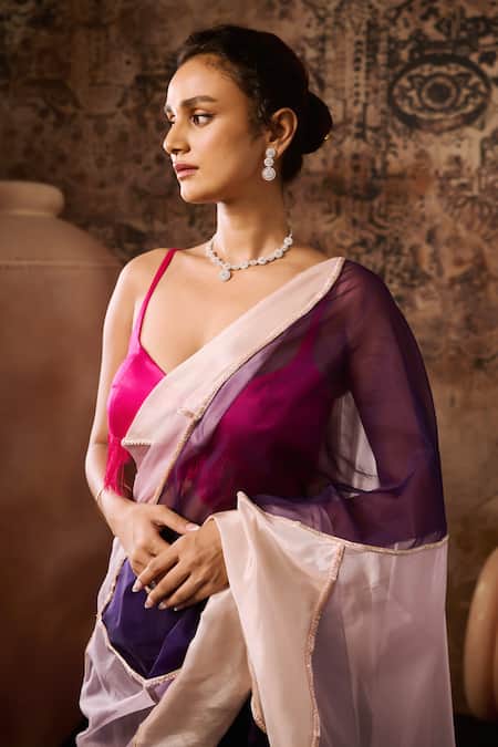 Masumi Mewawalla_Multi Color Organza Zari Plunge Neck Two Tone Saree With Contrast Blouse _at_Aza_Fashions