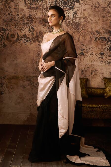 Masumi Mewawalla_Peach Organza, Linen Beads, Cut Dual Tone Saree With Hand Embroidered Blouse _Online_at_Aza_Fashions