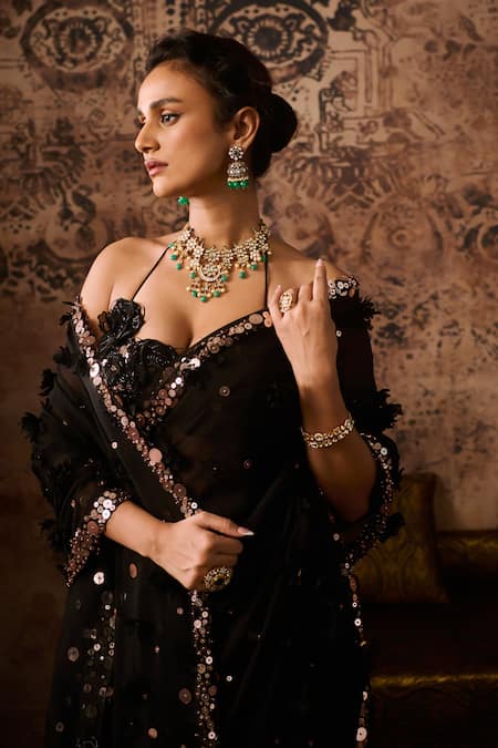 Masumi Mewawalla_Black Organza Sequins, Beads, Hand Embroidered Pre-draped Saree With Blouse _Online_at_Aza_Fashions