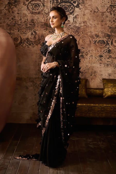 Buy_Masumi Mewawalla_Black Organza Sequins, Beads, Hand Embroidered Pre-draped Saree With Blouse _Online_at_Aza_Fashions