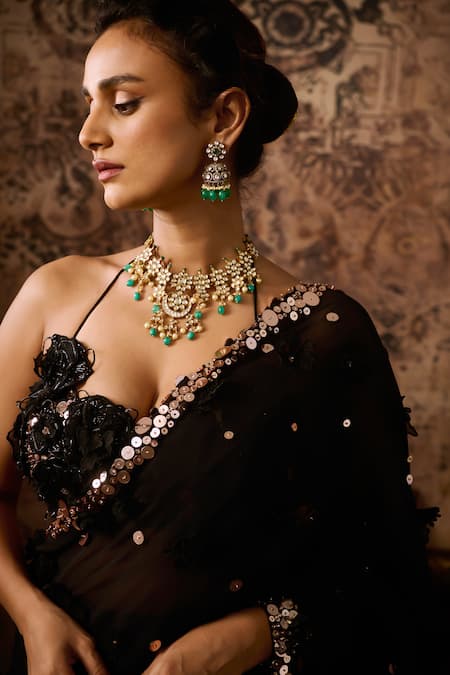 Shop_Masumi Mewawalla_Black Organza Sequins, Beads, Hand Embroidered Pre-draped Saree With Blouse _Online_at_Aza_Fashions