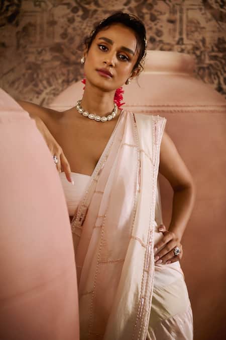 Masumi Mewawalla_White Organza, Tissue, Linen Cut Pre-draped Hand Embroidered Saree With Blouse _Online_at_Aza_Fashions