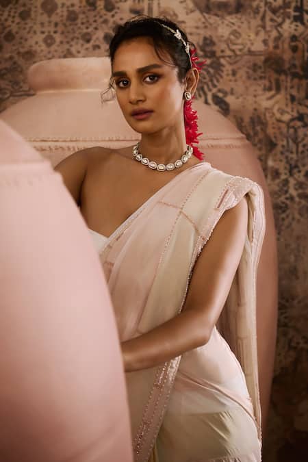 Shop_Masumi Mewawalla_White Organza, Tissue, Linen Cut Pre-draped Hand Embroidered Saree With Blouse _Online_at_Aza_Fashions