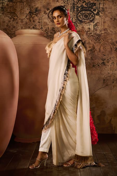 Buy_Masumi Mewawalla_Rose Gold Tissue, Linen Fringe Sweetheart Pre-draped Border Saree With Blouse _Online_at_Aza_Fashions