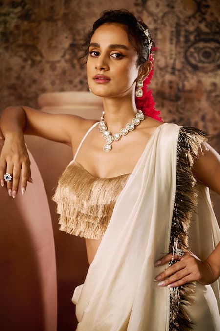 Shop_Masumi Mewawalla_Rose Gold Tissue, Linen Fringe Sweetheart Pre-draped Border Saree With Blouse _Online_at_Aza_Fashions