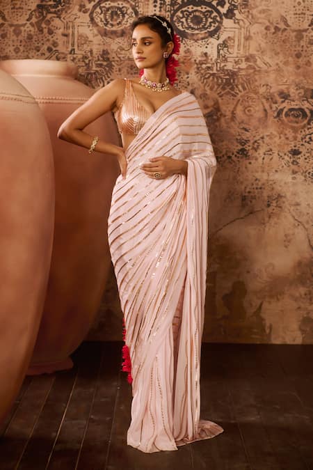 Masumi Mewawalla Pre-Draped Linear Hand Embroidered Saree With Blouse 